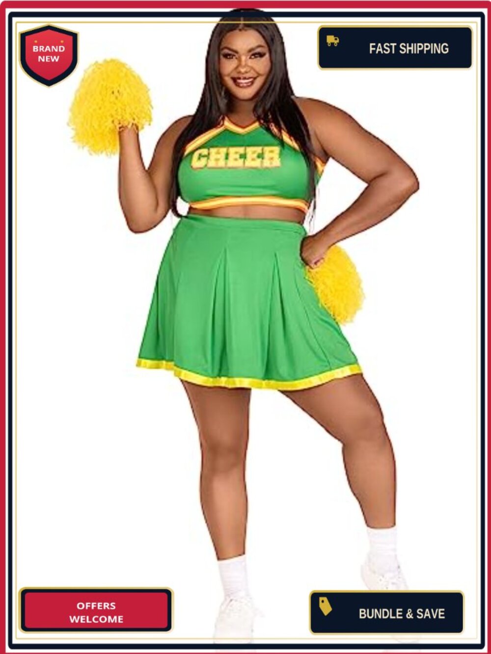 Leg Avenue 3 Pc Cheerleader Costume Crop Top Skirt Pom Poms